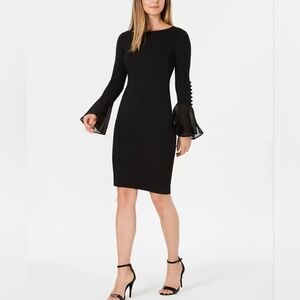 Calvin Klein Elegant Black Long-Sleeve Sheath Dress with Fluted Cuffs